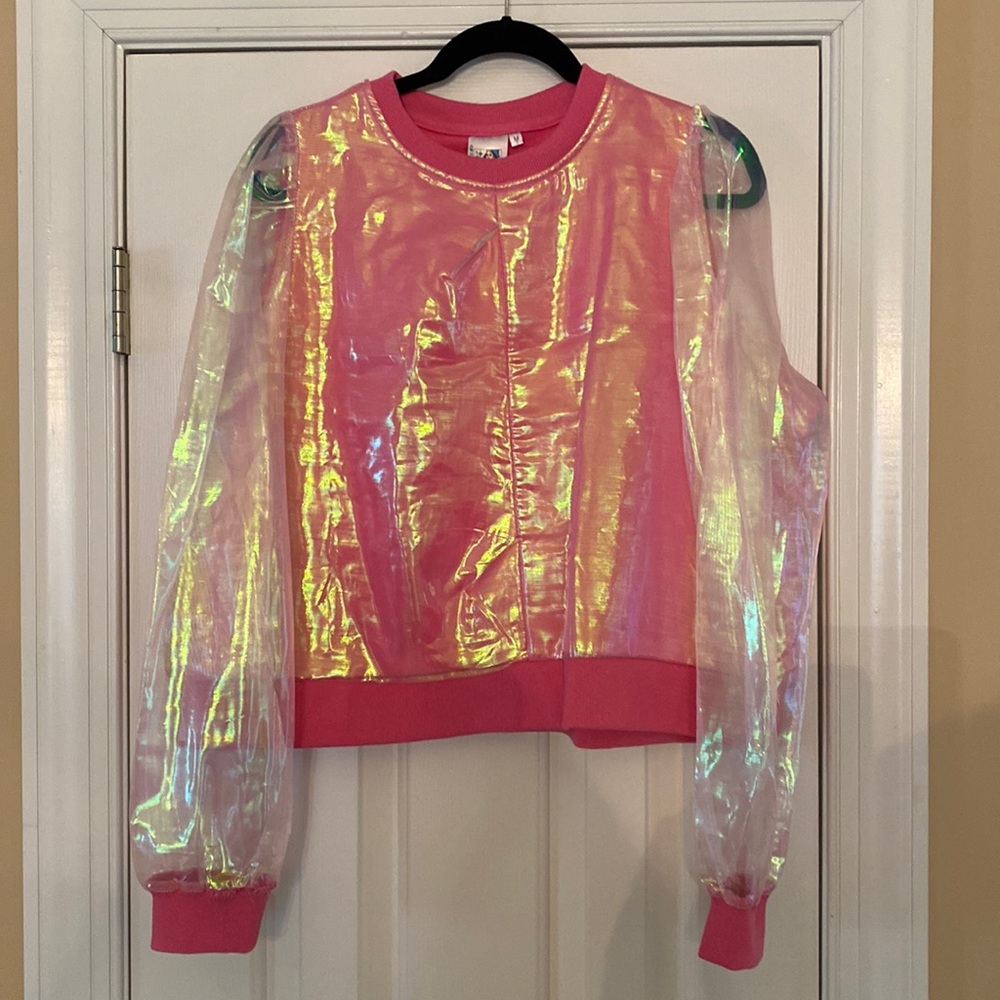 Adorable Queen of Sparkles pink sweatshirt with iridescent overlay and sleeves!